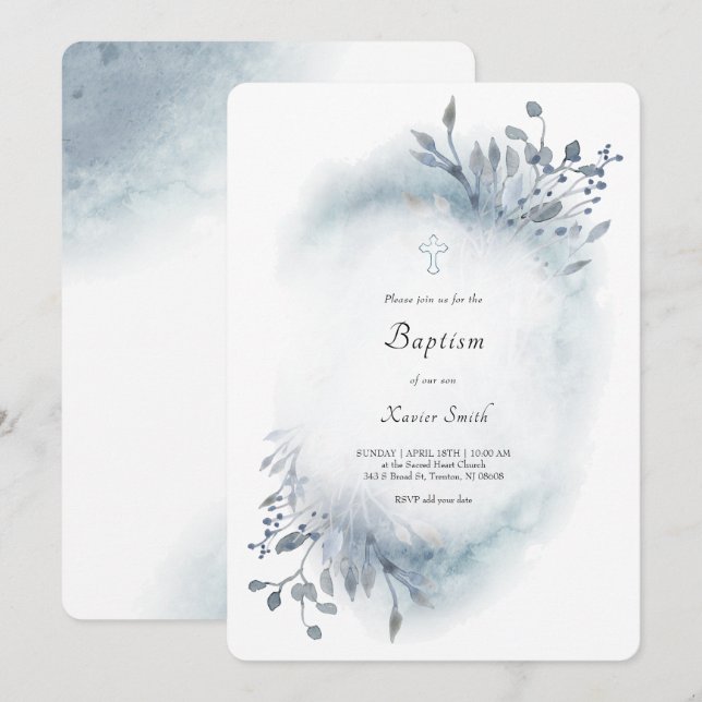 Invitation ・aquarelle bleu poussiéreuse Baptême bébé garçon (Devant / Derrière)