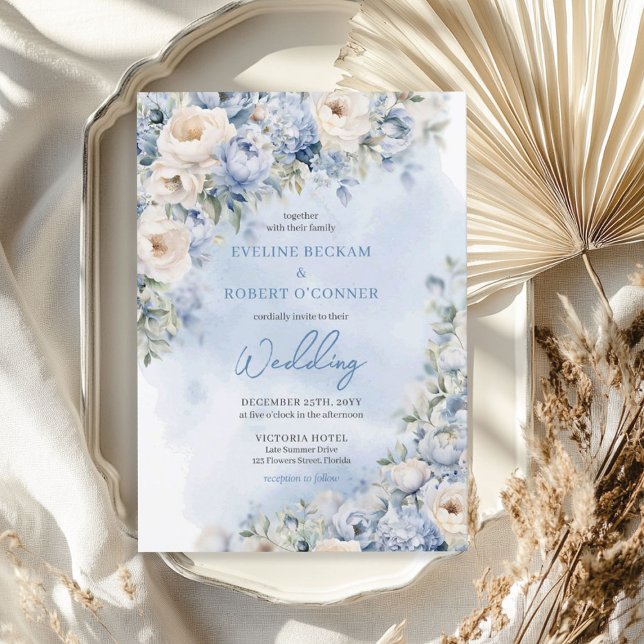 Invitation Aquarelle bleu poussiéreux et blanc mariage (Watercolor dusty blue and white peonies wedding invitation)
