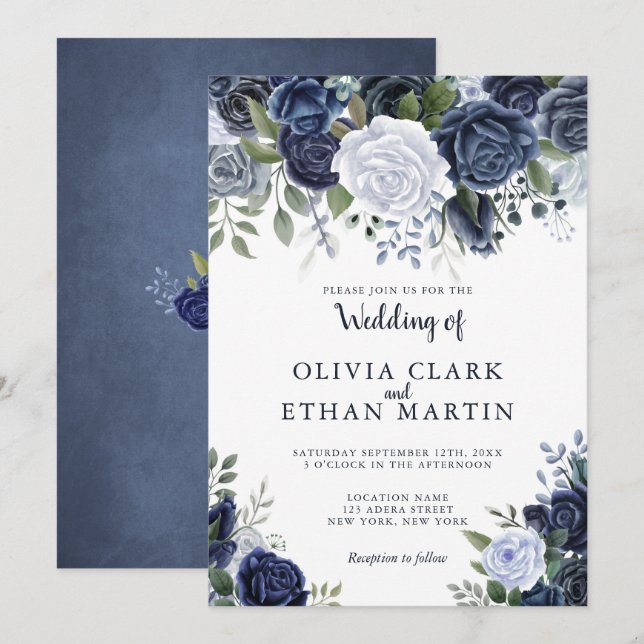 Invitation Aquarelle bleu poussiéreux Floral (Devant / Derrière)