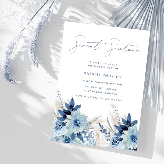 Invitation Aquarelle bleu poussiéreux Floraux doux 16 Anniver (Créateur téléchargé)