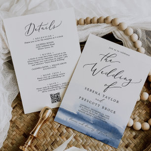Invitation Aquarelle Bleu QR Détails Mariage