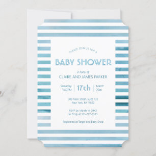 Invitation Aquarelle Bleu Rayures Baby shower simple