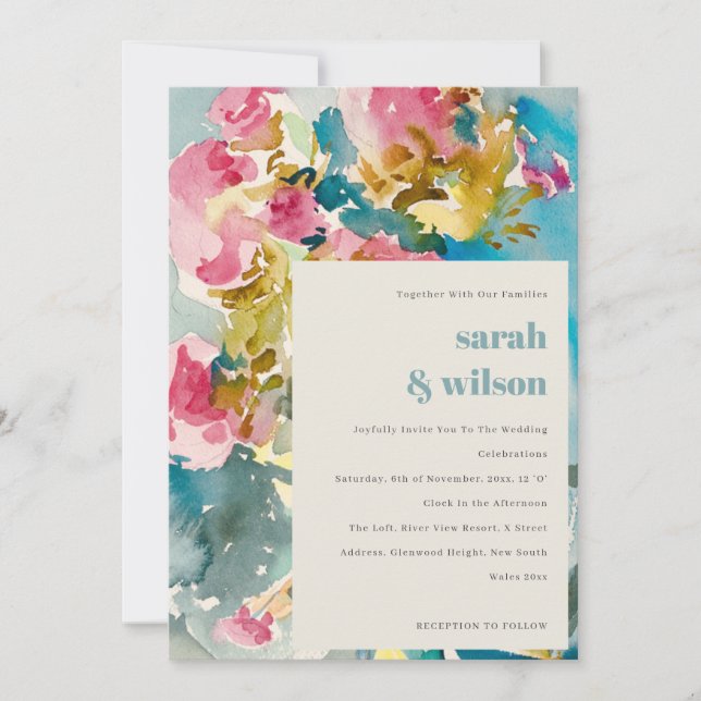 Invitation Aquarelle bleu rose Abstrait Mariage floral (Devant)