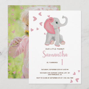 Invitation Aquarelle bleu rose bébé Eléphant 1er anniversaire