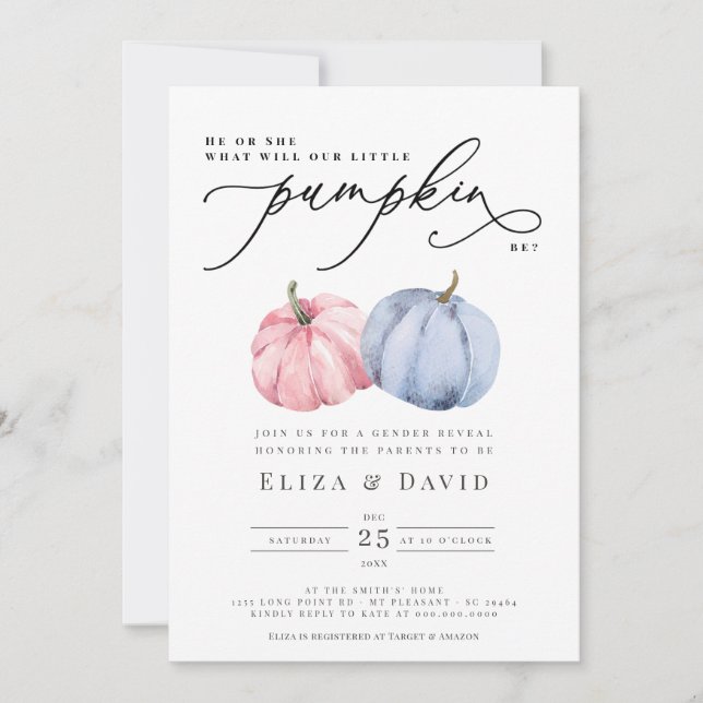 Invitation  Aquarelle bleu rose Citrouille Automne Sexe Révél (Devant)
