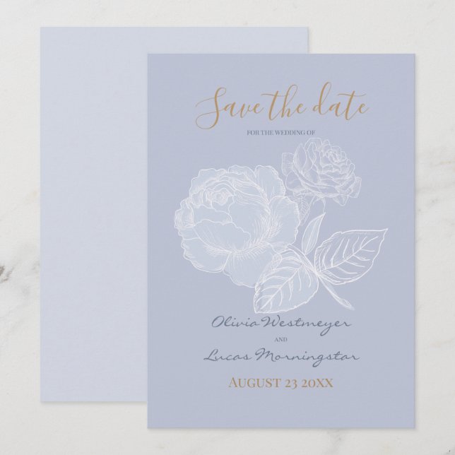 Invitation Aquarelle bleu Rose doré Dusty Enregistrer la date (Devant / Derrière)
