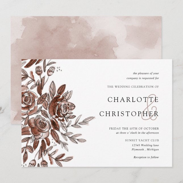 Invitation aquarelle bleu rose fleurs horizontales mariage (Devant / Derrière)