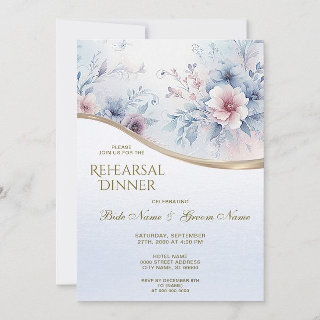 Invitation Aquarelle Bleu rose Floral Dîner de répétition (Devant)