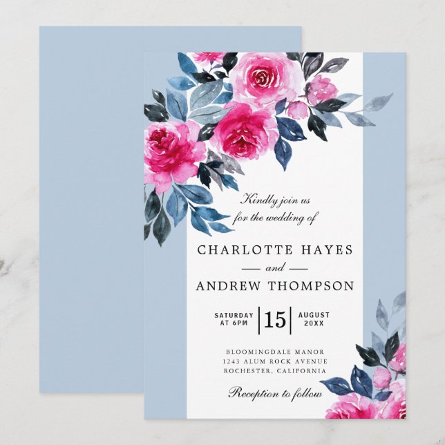 Invitation Aquarelle bleu rose Mariage botanique (Devant / Derrière)