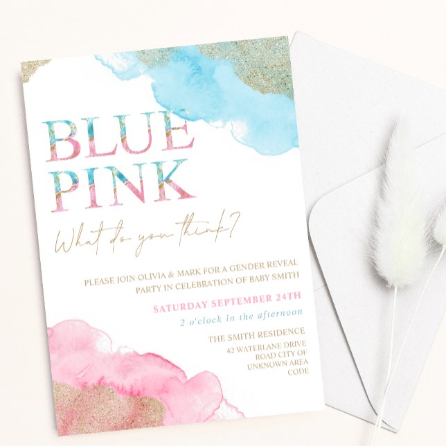 Invitation Aquarelle bleu rose or Parties scintillant Sexe Ré (Créateur téléchargé)