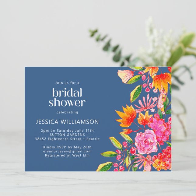 Invitation Aquarelle bleu rose orange Fête des mariées floral (Debout devant)