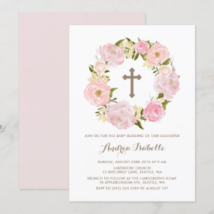 Invitation Aquarelle Bleu rose Peony Wreath Baby Blessing