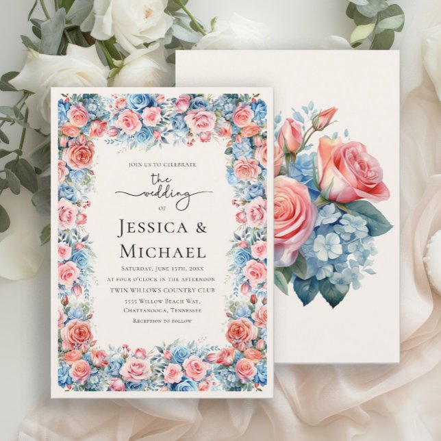 Invitation Aquarelle bleu rose romantique Mariage (Elegant pink and blue floral wedding invitation)