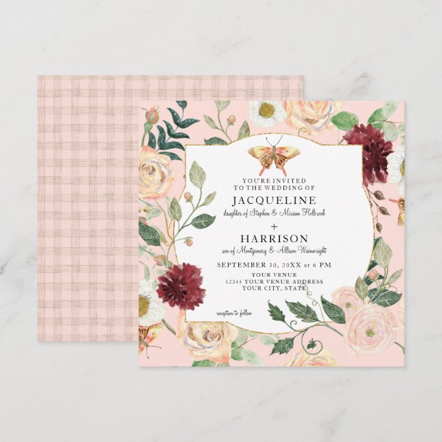 Invitation Aquarelle Bleu rose Rose corail rose (Devant / Derrière)