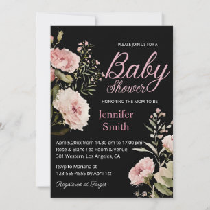 Invitation aquarelle bleu rose roses fille baby shower noir