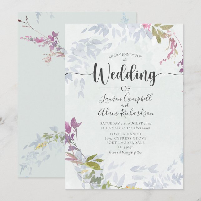 Invitation Aquarelle bleu rouille Mariage floral (Devant / Derrière)