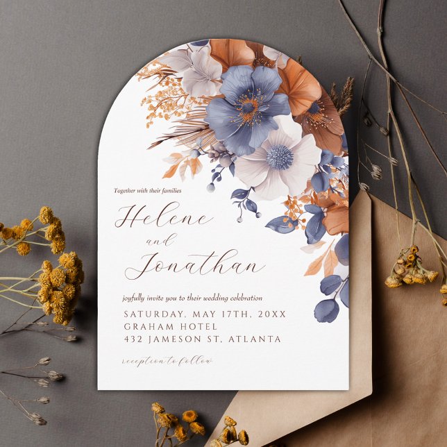 Invitation Aquarelle bleu rouille rouille Jardin Mariage élég (Dusty Blue Rust Watercolor Garden Elegant Wedding Invitation)