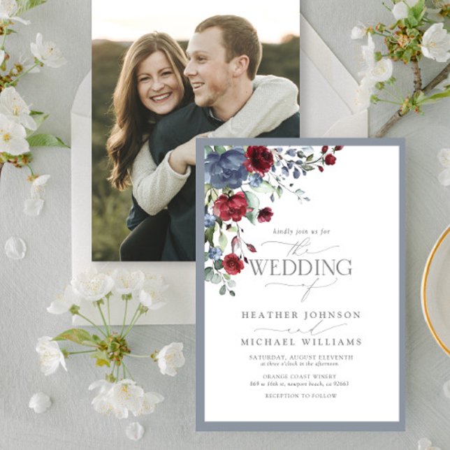 Invitation Aquarelle bleu roux bordeaux bleu foncé photo (Créateur téléchargé)