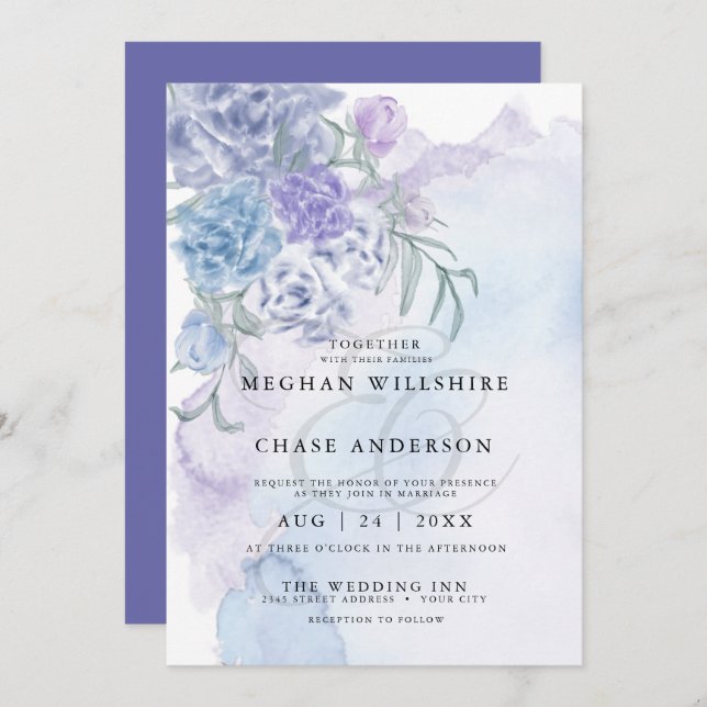 Invitation Aquarelle bleu rustique (Devant / Derrière)