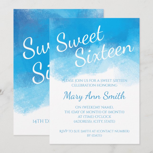 Invitation Aquarelle bleu Sweet sixteen (Devant / Derrière)