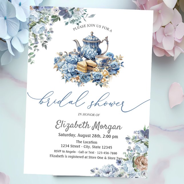 Invitation Aquarelle bleu Teapot Baby shower Floral (Créateur téléchargé)