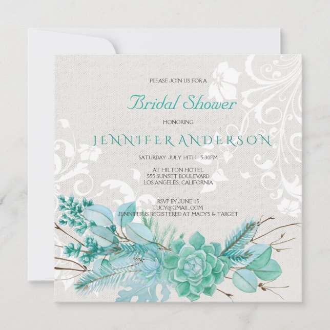 Invitation Aquarelle bleu Turquoise Aqua Fête des mariées suc (Devant)