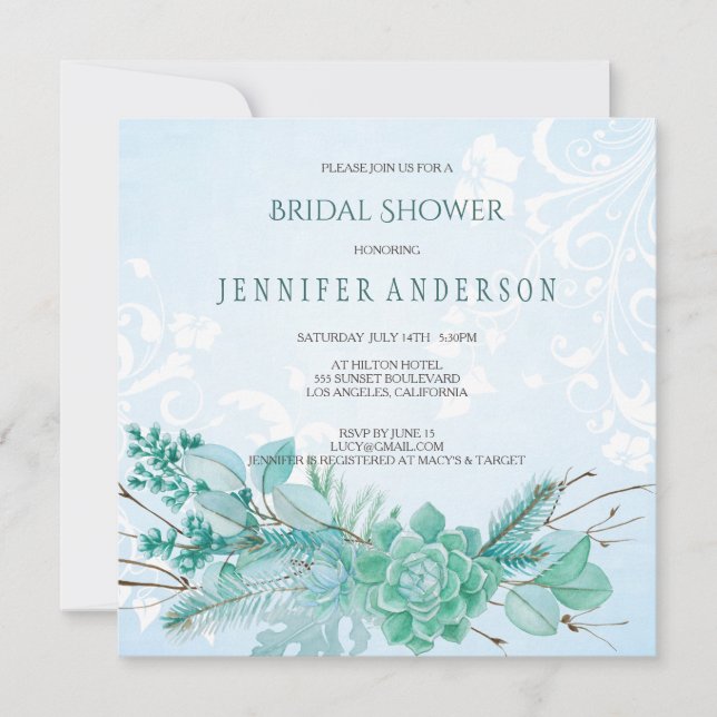 Invitation Aquarelle bleu Turquoise Aqua Fête des mariées suc (Devant)