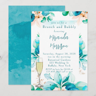 Invitation Aquarelle bleu turquoise Brunch floral et Bubbly I