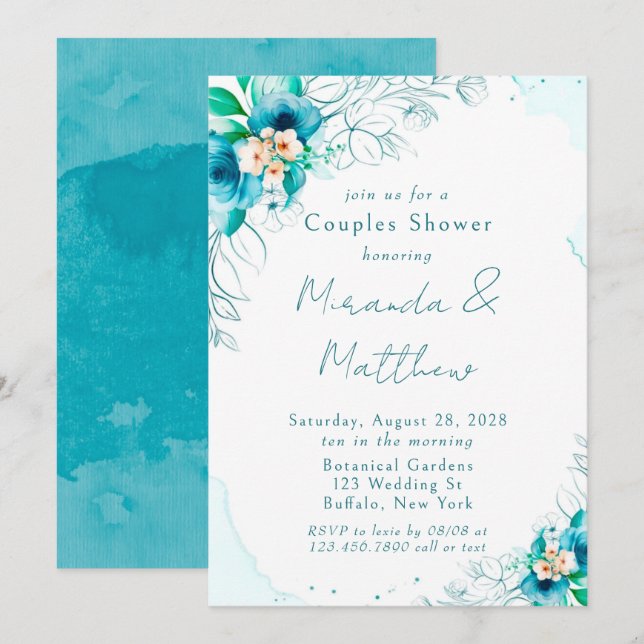 Invitation Aquarelle bleu turquoise Couples Floral Douche (Devant / Derrière)