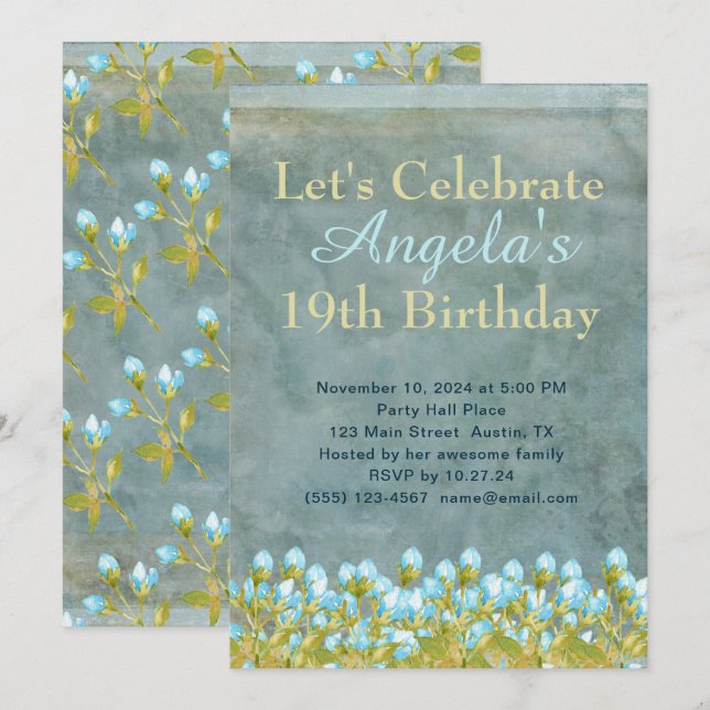 Invitation Aquarelle bleu Turquoise rustique (Devant / Derrière)