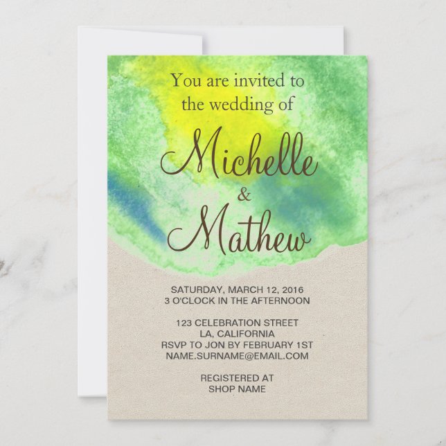 Invitation Aquarelle bleu vert (Devant)
