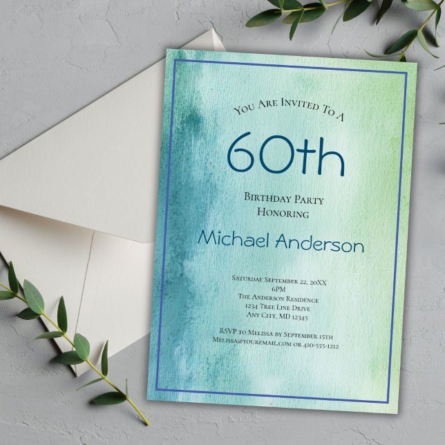 Invitation Aquarelle bleu vert 60e anniversaire pour lui (60th Editable Birthday Invitation for him. Blue Green Watercolor Background. Simple Minimalist )