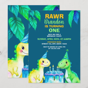 Invitation Aquarelle Bleu Vert Jaune Dinosaure 1er anniversai