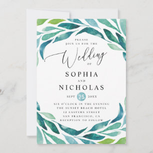 Invitation Aquarelle bleu vert vert mariage de feuillage