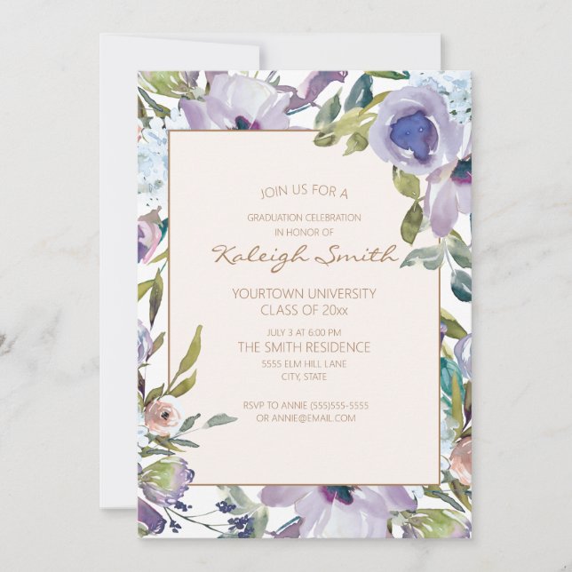 Invitation Aquarelle bleu violet bleu-dusty Graduation floral (Devant)