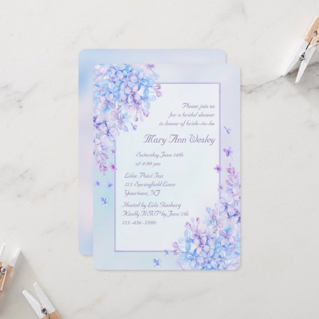 Invitation Aquarelle bleu violet Fête des mariées de fleurs L (Devant/Arrière en situation)