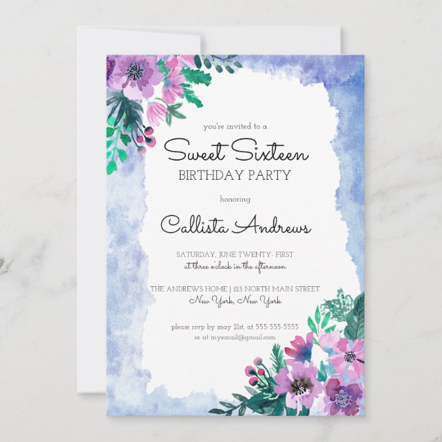 Invitation Aquarelle bleu violet Floral Douceur 16 Anniversai (Devant)