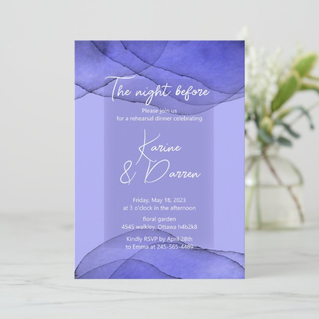 Invitation Aquarelle bleu violet lavande Dîner de répétition (Debout devant)