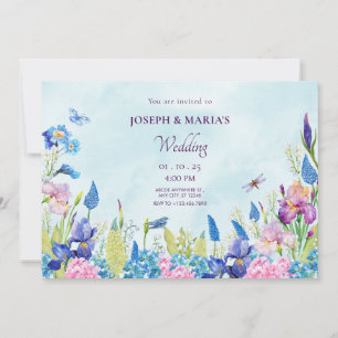 Invitation Aquarelle bleu violet Mariage esthétique floral
