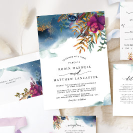 Invitation Aquarelle bleu violet turquoise, Mariage du jardin