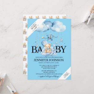 Invitation Aquarelle Bleue adorable Baby shower Ours En Teddy