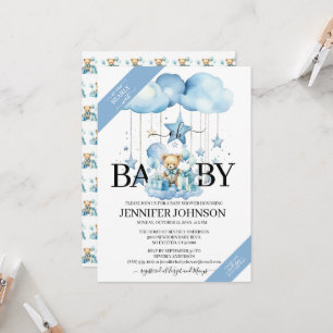 Invitation Aquarelle Bleue adorable Baby shower Ours En Teddy