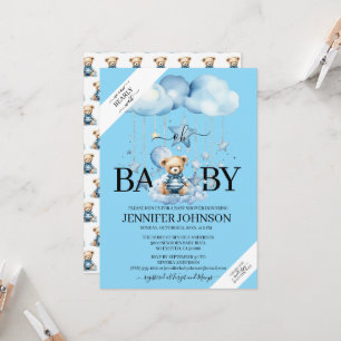 Invitation Aquarelle Bleue adorable Baby shower Ours En Teddy