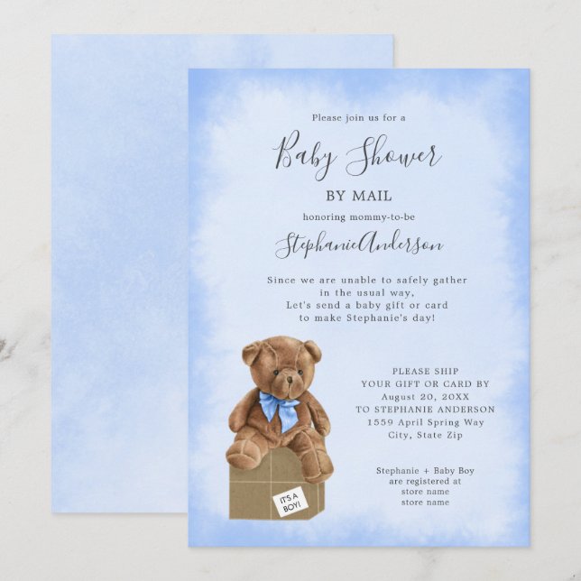 Invitation Aquarelle bleue Baby shower Brown d'ours par courr (Devant / Derrière)