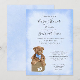 Invitation Aquarelle bleue Baby shower Brown d'ours par courr