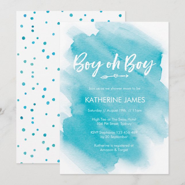 Invitation Aquarelle bleue Baby shower garçon (Devant / Derrière)