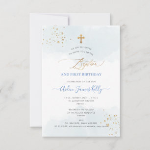 Invitation Aquarelle bleue Baptême + 1er anniversaire