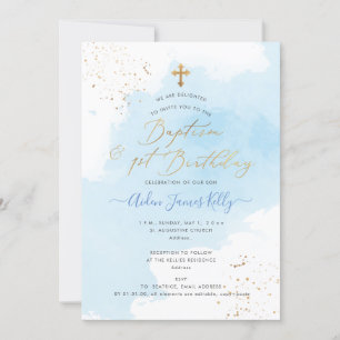 Invitation Aquarelle bleue Baptême d'or+1er anniversaire