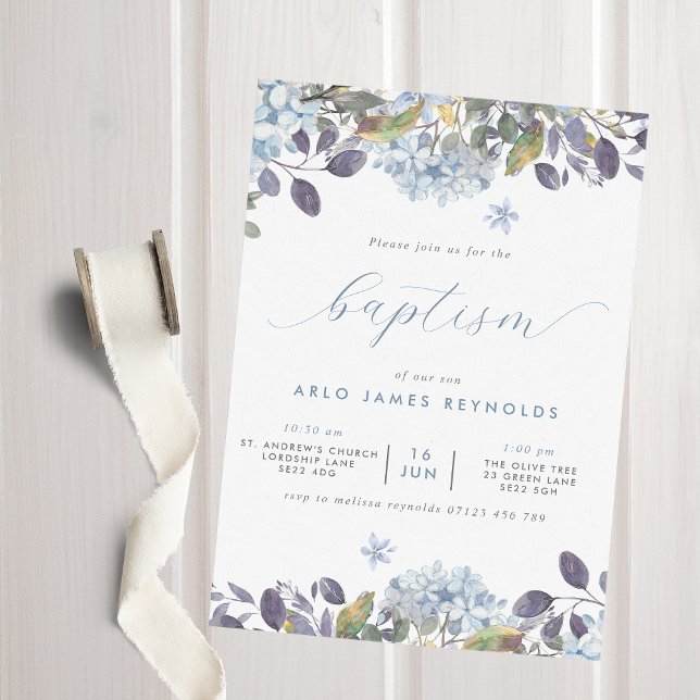 Invitation Aquarelle bleue Baptême floral (Créateur téléchargé)