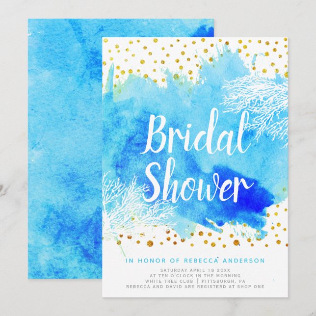 Invitation Aquarelle bleue, barrière de corail mariage douche (Devant / Derrière)